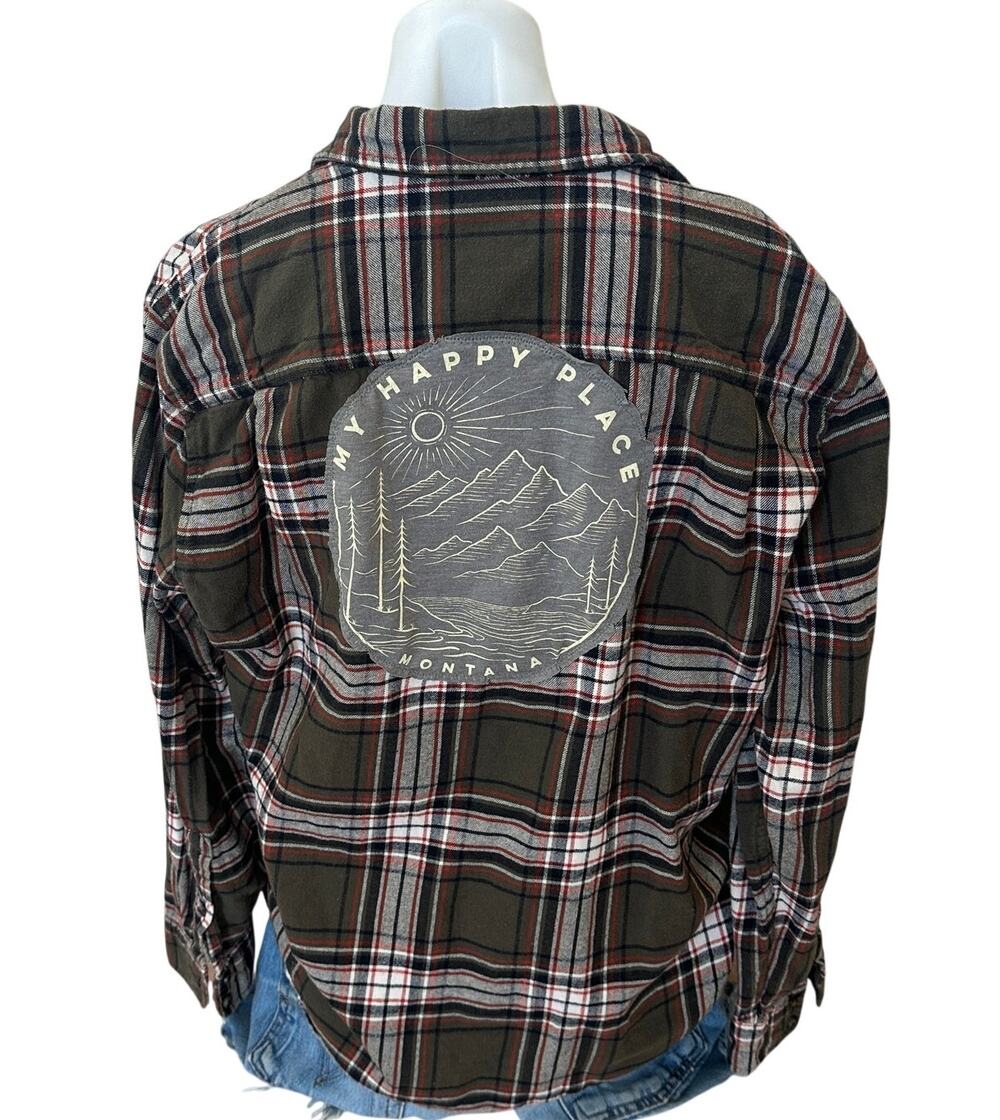 Happy Camper Plaid Flannel Shirt LARGE Oversized Camping Outdoors Unique Upcycle